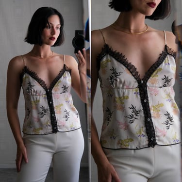 Vintage WENDY GLORY Ivory Silk Botanical Print Cropped Button Front Tank Top w/ Black  Lace Trim | 100% Silk | Y2K 2000s Designer Blouse 