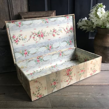 French Boudoir Box, Blue Floral Roses, Keepsake Box, Sewing, Jewelry Dresser Vanity Boudoir Storage, Heavy Aging, Damages 