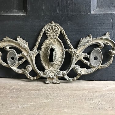 19th C French Ormolu Escutcheon Plate, Key Hole Cover, Scrolling Leaf, Antique Hardware, Antique Hardware Furniture Salvage 