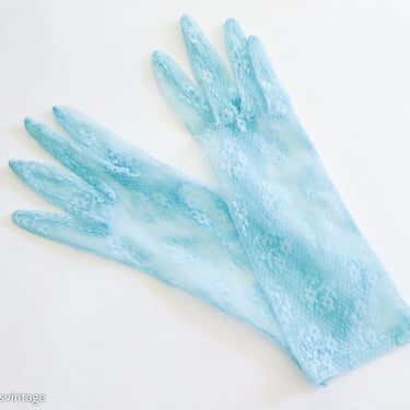 1950s Blue Lace Gloves | 50s Turquoise Blue Lace Gloves | Turquoise Nylon Lace Gloves 