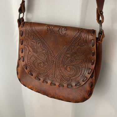 70s Tooled Leather Floral Purse Handbag KC Western 