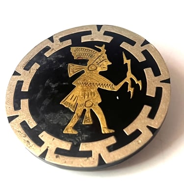 ALPACA Mexico Brooch, Vintage Aztec Rain God Brooch, Mexican Silver Alpaca, Black and Gold Enamel Pin, Aztec God Pin, Vintage Aztec Brooch 