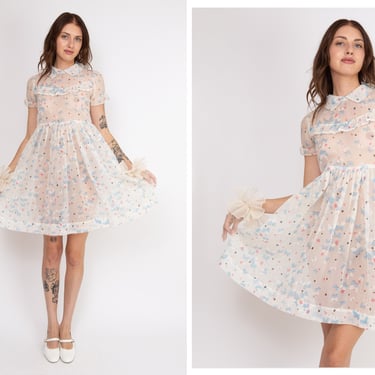 Vintage 1930s 30s Delicate Sheer Chiffon Abstract Butterfly Print Peter Pan Collar Puff Sleeve Flouncy Skirt Mini Dress 