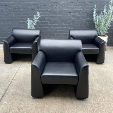 Set of 3 Vintage Black Leather Lounge Chairs 