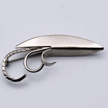60's ROMA sterling fishing lure brooch, unusual Modernist satin & smooth finish 925 silver pin 