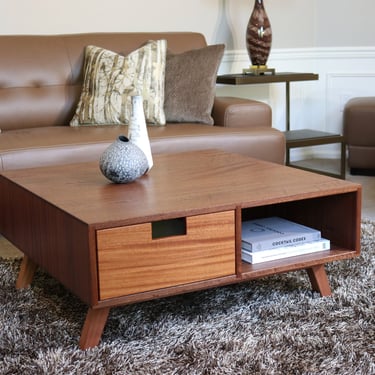 Square coffee table with storage in japandy style - Low wood table - Mid century modern coffee table of solid mahogany 