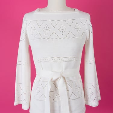 Vintage 1980s JOYCE White Belted Crochet Sweater with Bell Sleeves and Square Neck 