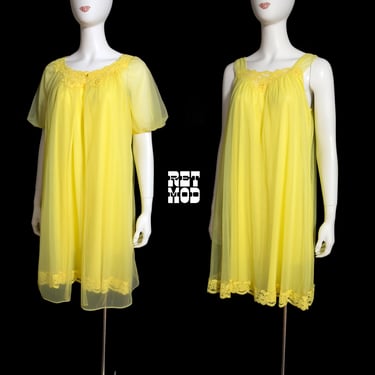Vibrant Happy Vintage 60s 70s Yellow Peignoir Nightgown Set 