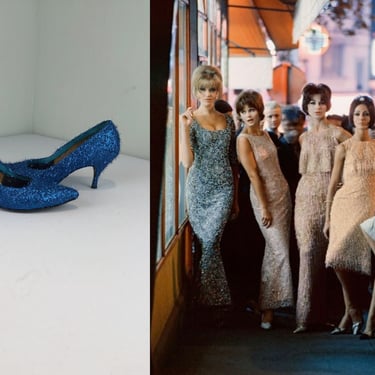 Shimmering Silhouettes - Vintage 1950s 1960s Royal Blue Metallic Fabric Shag Heels Shoes Pumps 