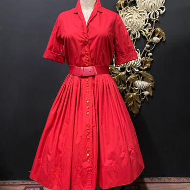 1950s shirtwaist, red cotton, vintage dress, fit and flare, 50s housewife, deadstock, medium, full skirt, button front, mrs maisel, mad men 