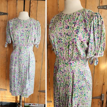 Vintage 80s Dress Floral Print Silk Norah Noh Monet Impressionist Pattern 