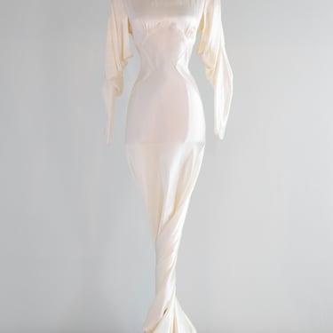 Elegant 1930's Liquid Satin Bias Cut Wedding Gown With Dramatic Sleeves & Hourglass Silhouette / SM