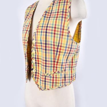 80's Yellow Check Designer Vest Cotton Vintage 1980's Jacket Top Sleeveless Multi color Spring Summer 