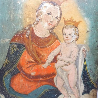Antique 1800's NS de Refugio de Pecadores Retablo,  Our Lady, Refuge of Sinners Religious Painting on Tin 