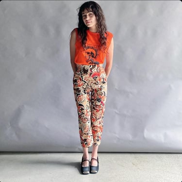 Vintage 1950s Style Cigarette Pants / Vintage Pedal Pushers / 1990s Does The 1950s Pants / Orange Paisley Pants / Paisley Slacks 30 Waist 