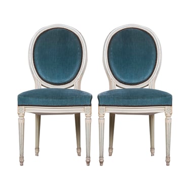 Antique French Louis XVI Style Painted Side Chairs W/ Blue Velvet - A Pair 