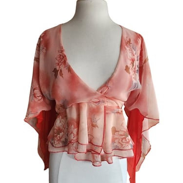 Vintage 70s Wrap Style Blouse Butterfly Sleeves Red Peach Floral Print 