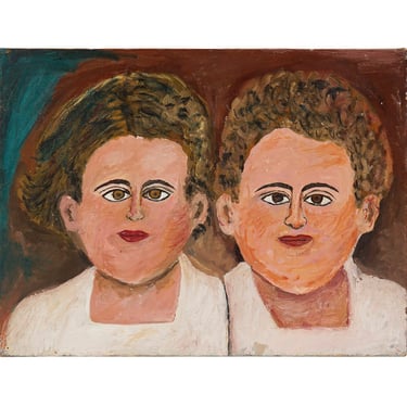 1960s Sophia Bakiares Oil Painting Folk Outsider Art Double Portrait 