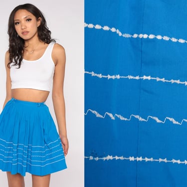 Blue Pleated Skirt 60s Mini Skirt White Striped Miniskirt High Waisted Full Retro Sixties Summer Pinup Girly Cotton Vintage 1960s 2xs xxs 21 