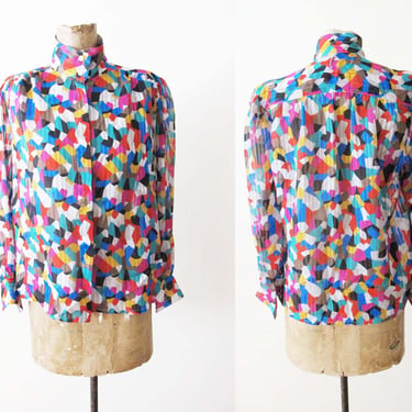 Vintage 80s Rainbow Secretary Blouse S M - High Mock Neck Button Up Shirt - Colorful Abstract Polka Dot Semi Sheer Top - 80s Clothing 