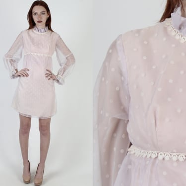 Vintage 60s Lilac Chiffon Dress Sheer Polka Dot Floral Lace Wedding Party Mini Dress 