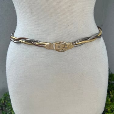 Vintage glam metal round braid belt silver bronze gold tones fits 29” 