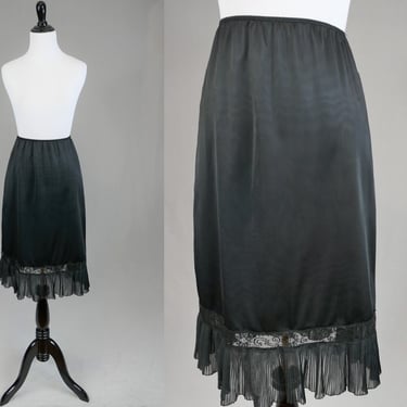 60s Black Half Slip - Nylon Skirt Slip - Lace Trim, Pleated Ruffle Hem - Pillow Tab - Charmode from Sears - Vintage 1960s - Size Tall Medium 