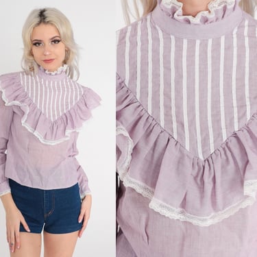 Lavender Victorian Blouse 80s Lace Trim Yoke Button Up Top 1980s Vintage Long Puff Sleeve Secretary Shirt Striped Semi-Sheer Purple Small S 