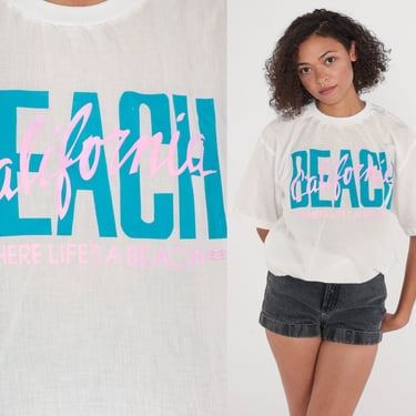 California Beach Shirt 90s Life's A Beach T-Shirt Retro Surfer Top Graphic Tee Short Sleeve Blouse Banded Hem Cotton Vintage 1990s Medium M 