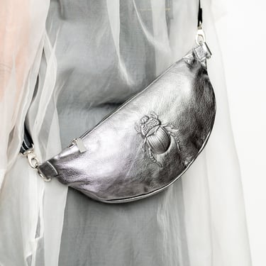 Platinum Leather Scarab Embossed Belt Bag