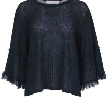 See By Chloe - Navy Line Textured Lace Trimmed Long Sleeve Shirt Sz M