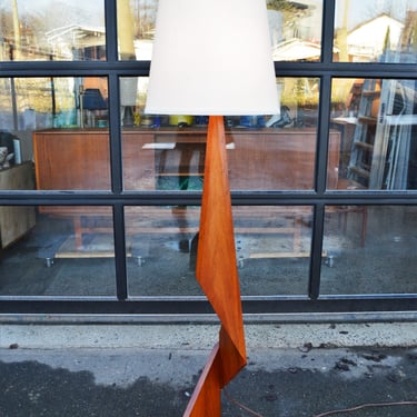 Iconic Danish Teak Architectural Zig Zag Floor Lamp w/ New Linen Conical Shade
