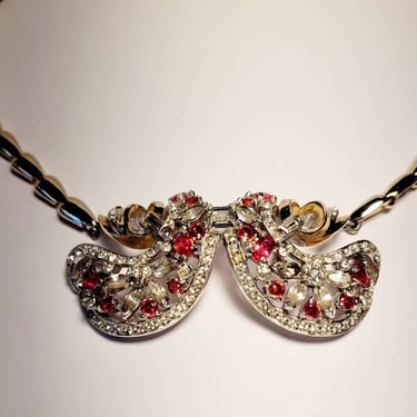 Vintage 1940s Art Deco Reja Necklace fuchsia pink and white rhinestones 