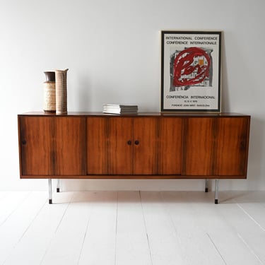 1961 Scandinavian Rosewood Sideboard by Norgaard – Danish Modern Sideboard with Sliding Doors and Steel Legs 