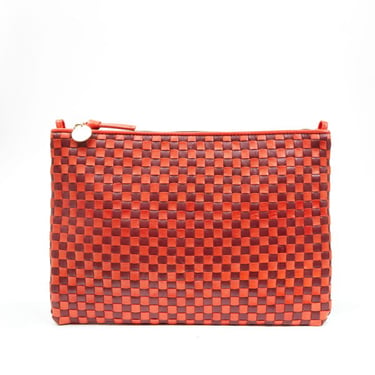 Clare V. Flat Clutch w/ Tabs - Bright Poppy &amp; Bordeaux Woven Checker