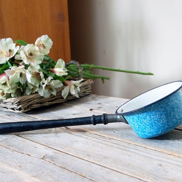 Blue enamel ladle / vintage enamelware pot / speckle enamel pot / enamel scoop / French country cottage / farmhouse kitchen decor 
