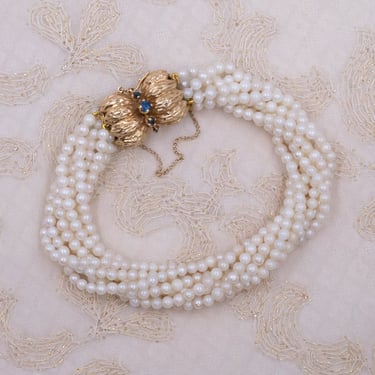 Mid-Century Pearl Torsade Bracelet with Sapphire Clasp