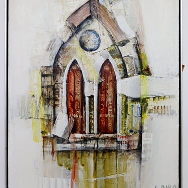 Mid Century Modern Framed L. Biro Signed Oil on Board Painting Chapel 1970s 