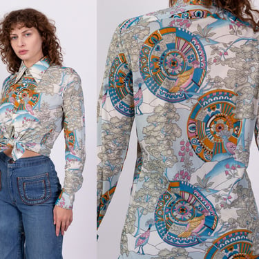 70s Psychedelic Bird Print Disco Shirt - Men's Medium | Vintage Long Sleeve Collared Button Up Novelty Shirt 