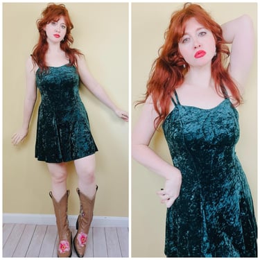 1990s Vintage All That Jazz Green Crushed Velvet Dress / 90s Fit and Flare Grunge Mini Dress / Size Medium - Large 