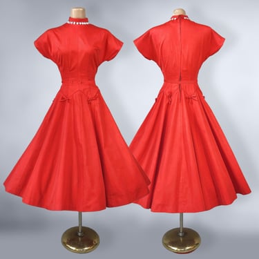 VINTAGE 50s Vibrant Red Full Sweep New Look Party Dress with Mother of Pearl Paillettes 25" Waist | 1950s Embellished Belted Dress S/XS VFG 