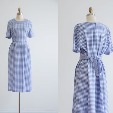 cute cottagecore dress | 90s vintage periwinkle dusty blue white gingham checkered plaid tie back midi dress 