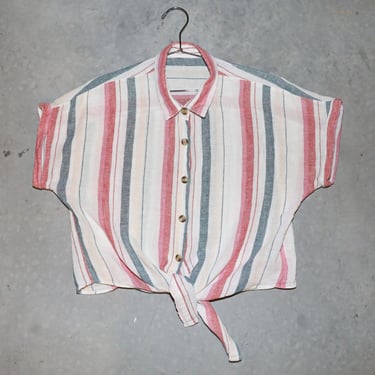 Boho Festival Stripe Linen Crop Top Summer Casual Everyday Blouse Size Medium 