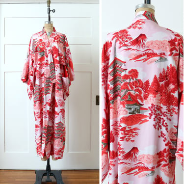 vintage red & pink pagoda Kimono • rayon crepe brightly colored kimono robe, made in Japan 