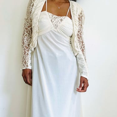 1970's Ivory Lace Trimmed Jersey Gown and Jacket