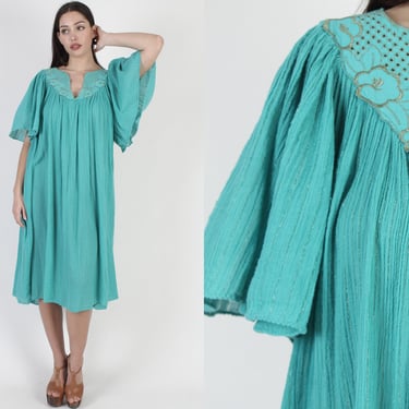 Green Gauze Dress Kimono Angel Sleeve Dress, Vintage 1980s Caftan Poolside Outfit, Beach Coverup Thin Midi Dress 