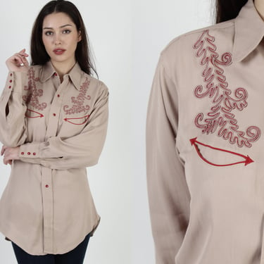 50s Range Master Button Up Shirt, Cowboy Western Single Color Embroidered, Arrow Pocket Rockabilly Top - Size 15 