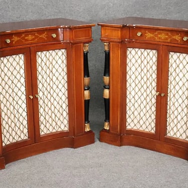 Rare Pair Brass Inlaid Mahogany English Regency Foyer Cabinets Commodes