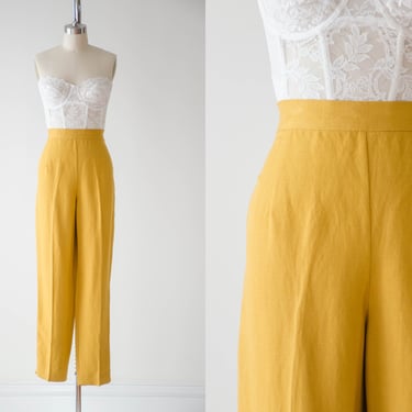high waisted pants | 80s 90s vintage mustard yellow linen pleated trousers 