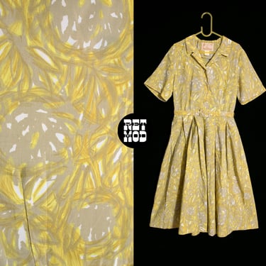 Pretty Vintage 60s Pastel Yellow Gray Abstract Floral Fit & Flare Shirt Dress by Lorna Fashions 
